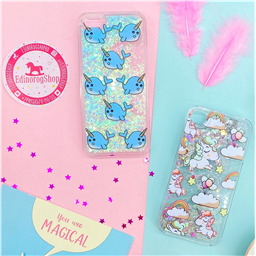 Чехол для IPhone с единорогами и с жидкими блёстками 